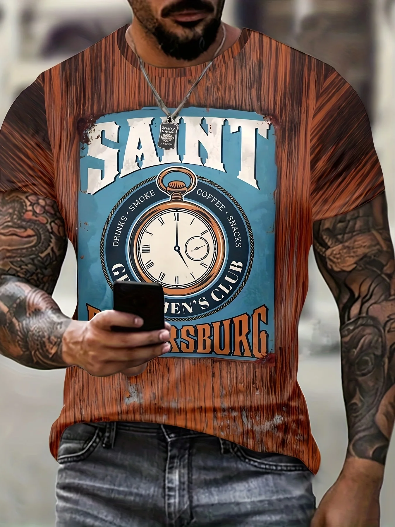 

2024 New Wooden T-shirt Casual Pendulum Printed Men's Short Sleeves