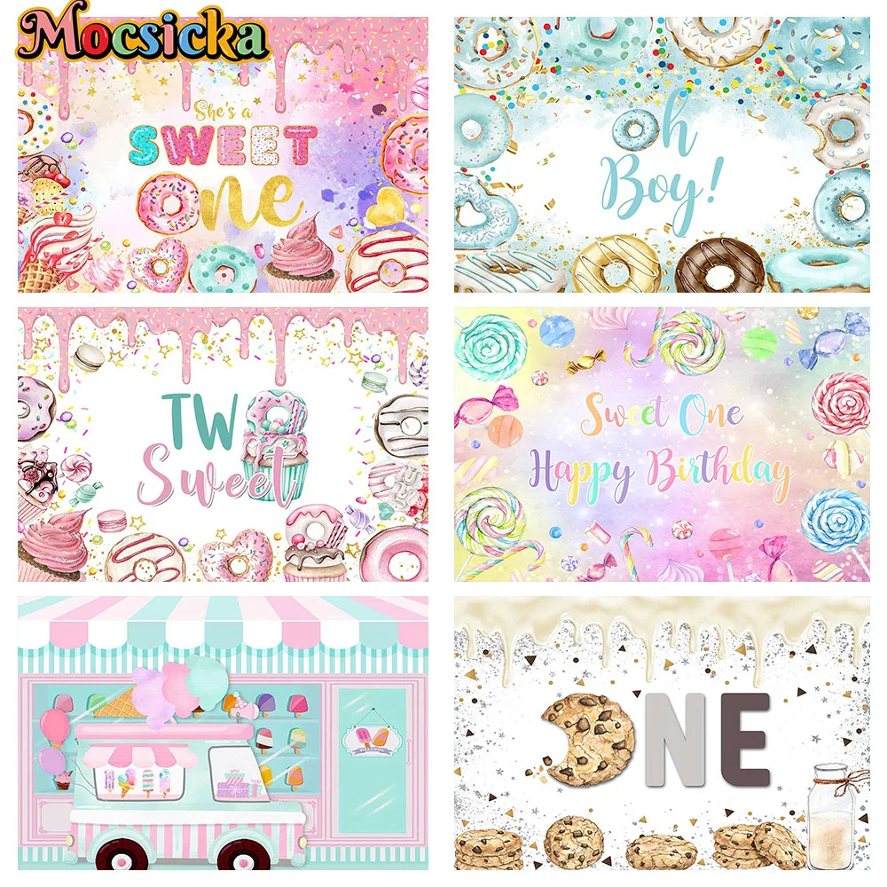 

Sweet One Happy Birthday Backdrop Custom Donut Lollipop Cake Table Party Decoration Baby Shower Background Candyland Photoshoot