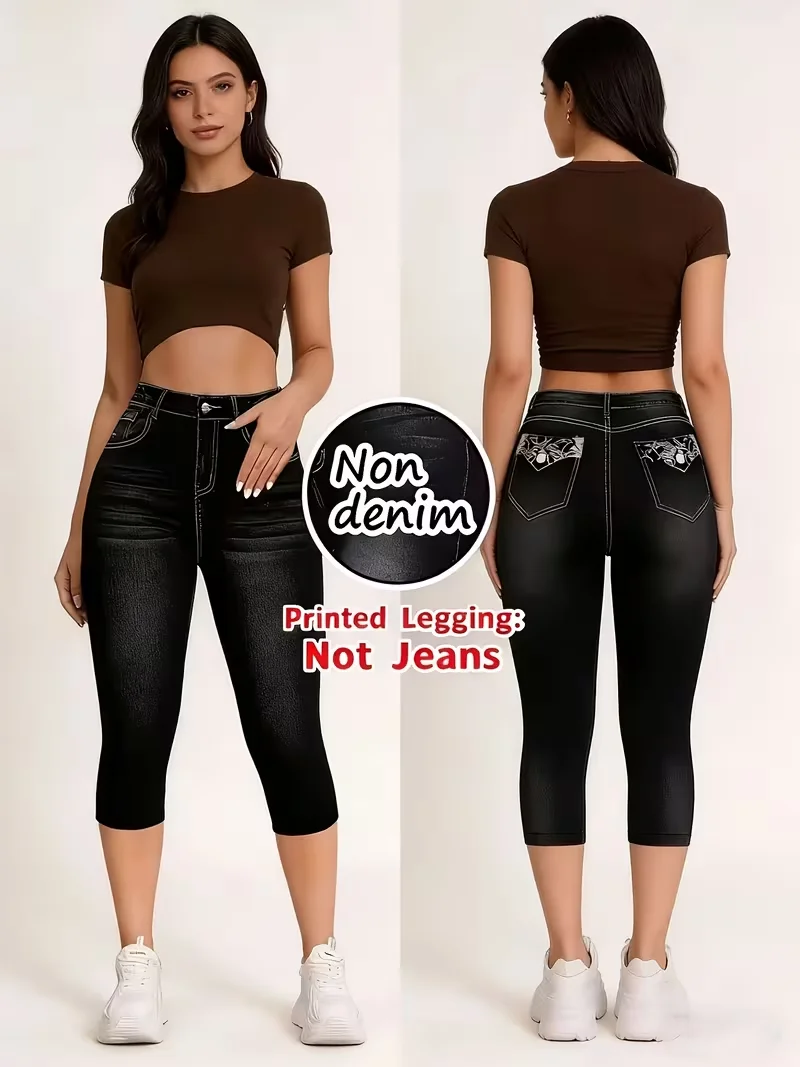 Printed 7‑Capri Leggings, Non‑Denim Fabric, Full‑Print Faux‑Jeans Look, Fake Pocket & Button Print, High‑Stretch Slim‑Fit Pants,