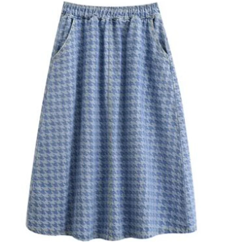 

Oversized Elastic Waist Plaid Denim Skirt Ladies Pleated A-Line Skirt Loose Mid-Length Swing Skirt