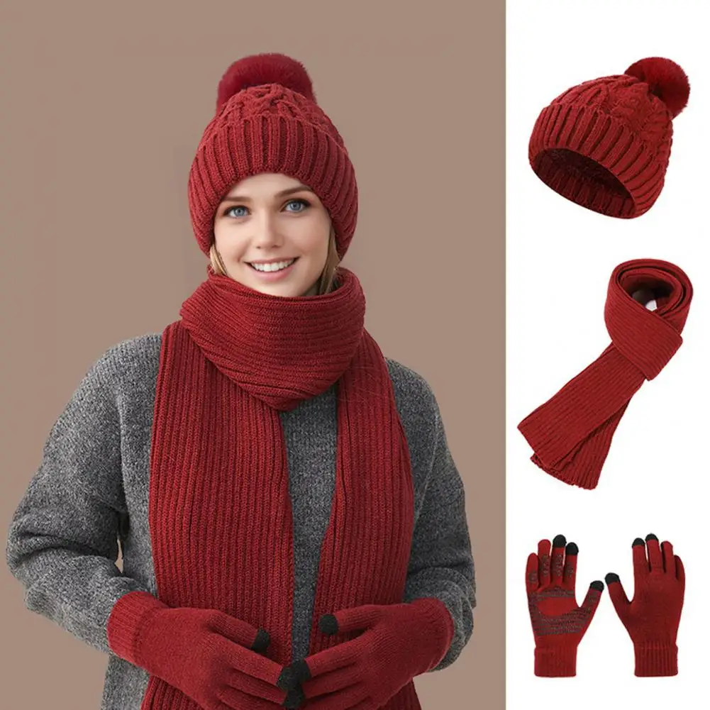 Elastic Warm Accessories 3pcs Winter Hat Scarf Gloves Set Solid Color Plush Ball Windproof Neck Warmer with Touch Screen Mittens
