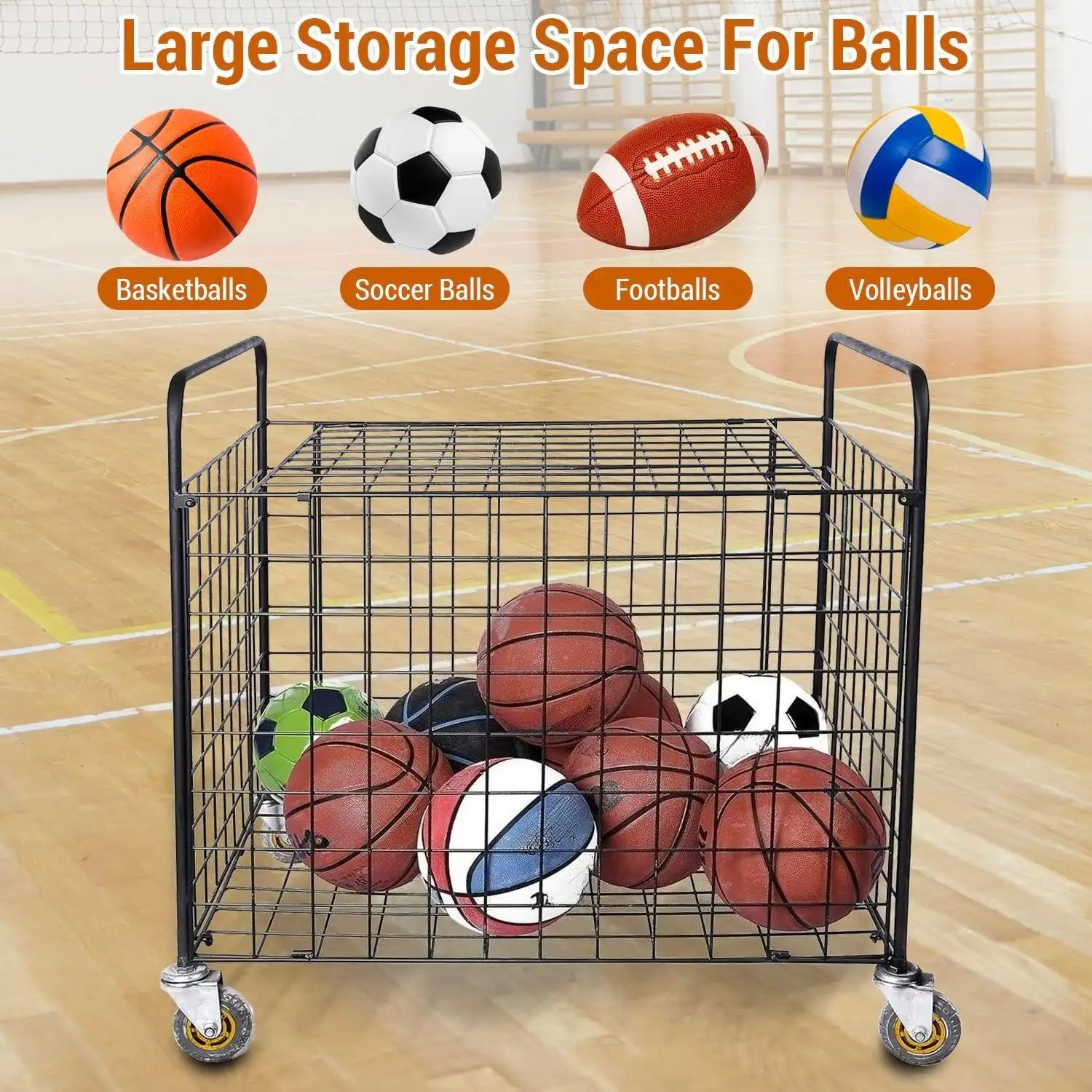 プロ仕様ジム用メタルマルチスポーツボール収納カート、ジャンボ工業用ホイール付き、業務用ポータブル