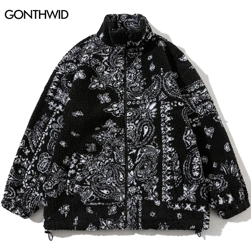 Winter Fuzzy Lamb Fleece Jacket Streetwear Hip Hop Paisley Bandana Print Fluffy Plush Warm Coats Autumn Harajuku Casual Jackets