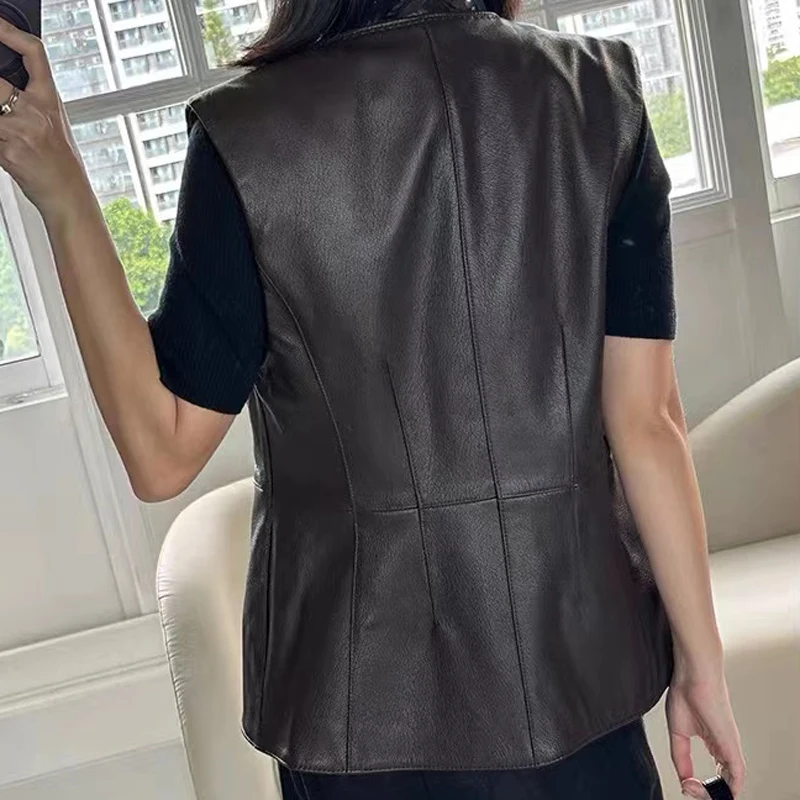 Women Lambskin Single Breasted Female Genuine Leather Round Neck Slim Fit Tank Top Streetwear Sleeveless Jacket Chaleco Mujer