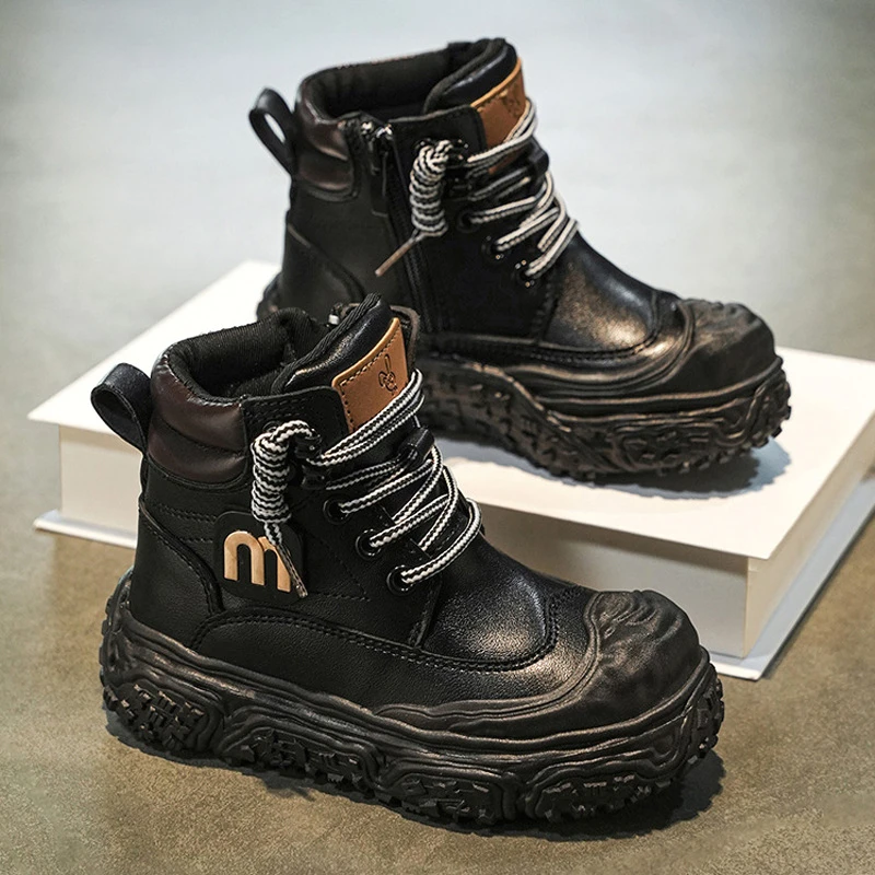 Boys Leather Boots 2026 New Autumn Kids Fashion Shoes Black Anti Slip Wear Resistant for Big Middle Kids