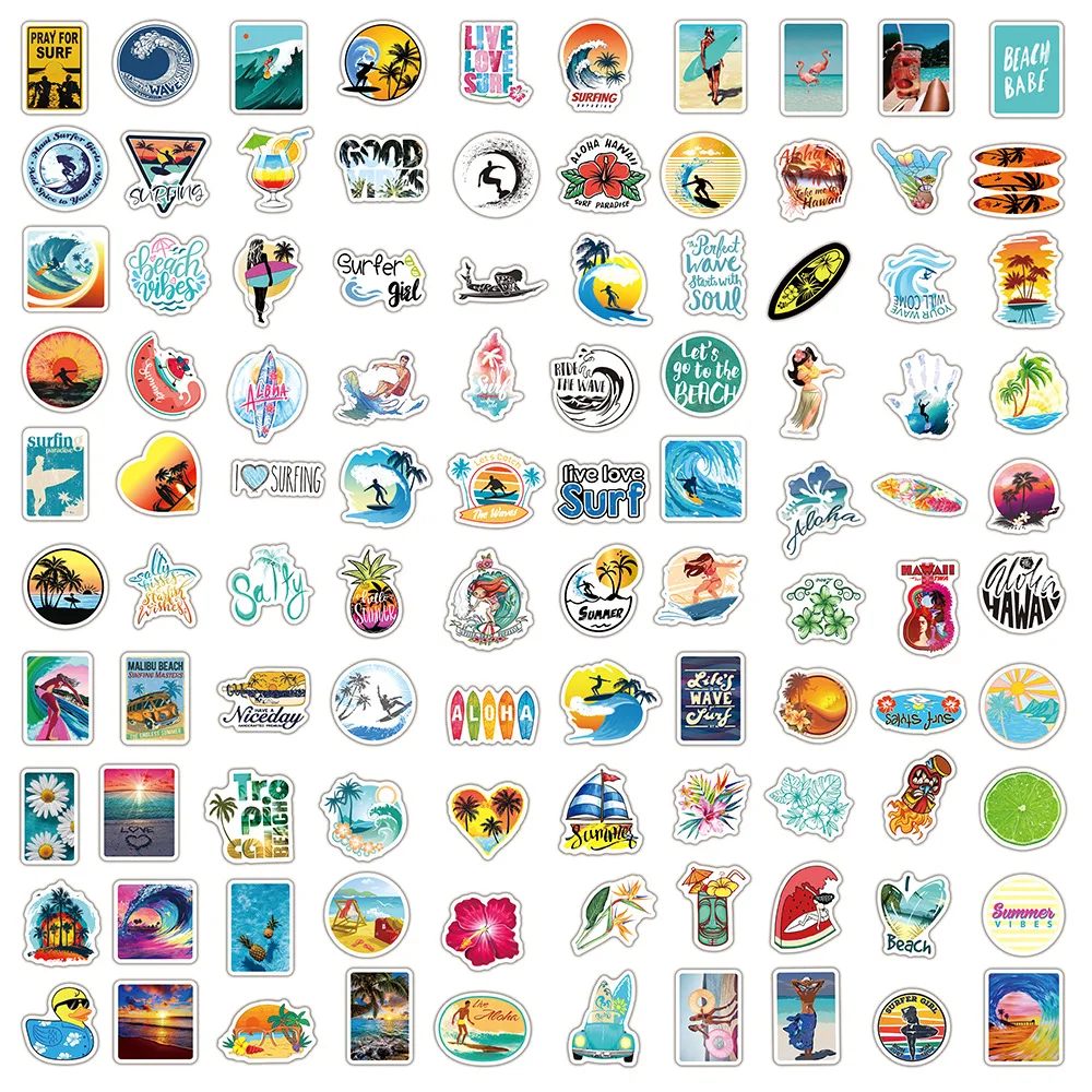 10/30/50/100PCS Hawaii Summer Surfing Stickers Tropical Beach Surf Decals Travel Luggage Surfboard Water Bottle Sticker Toy