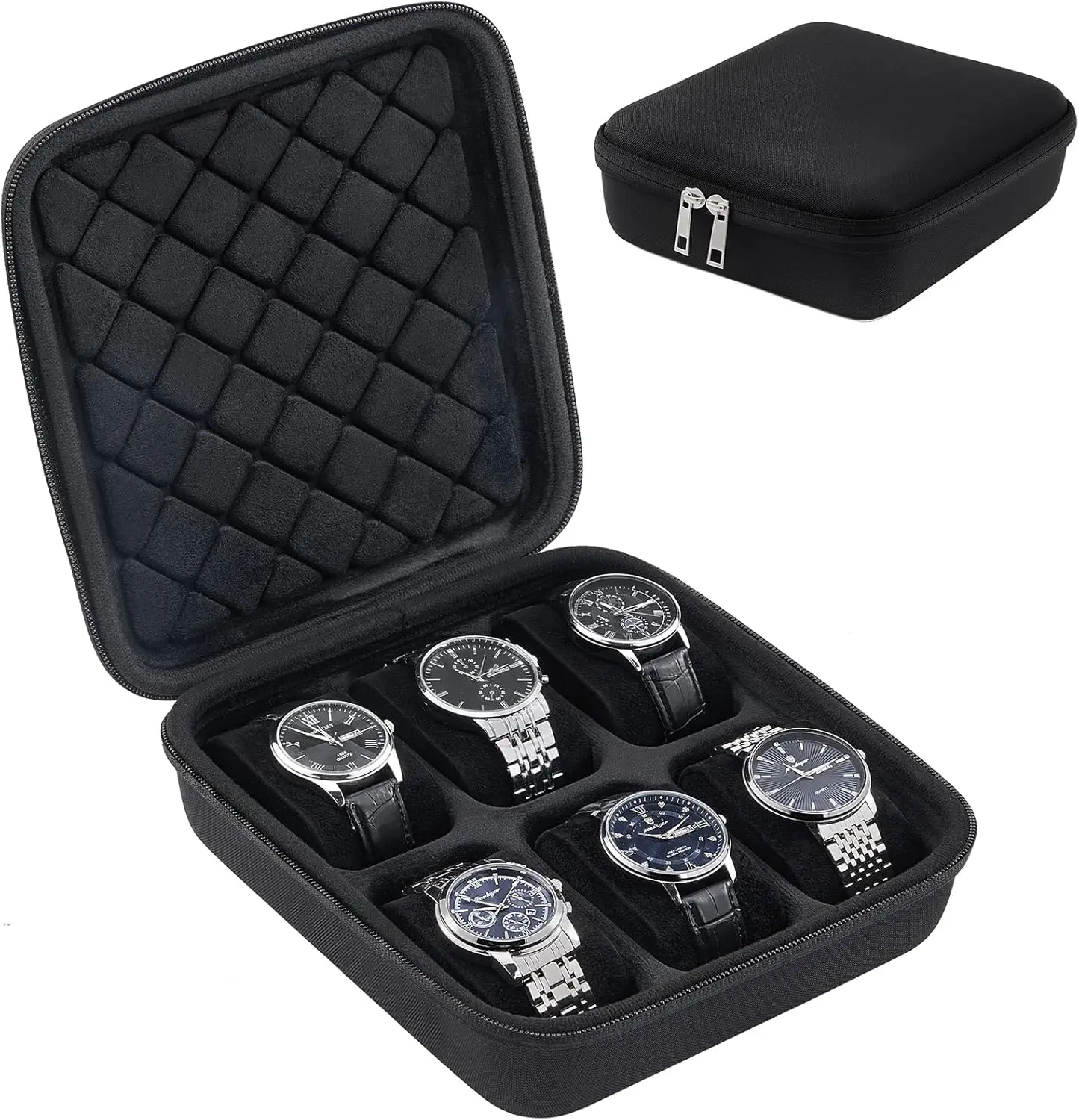 

Жесткий дорожный футляр для часов с 6 отделениями, сумка-органайзер на молнии для браслетов и аксессуаров - черный