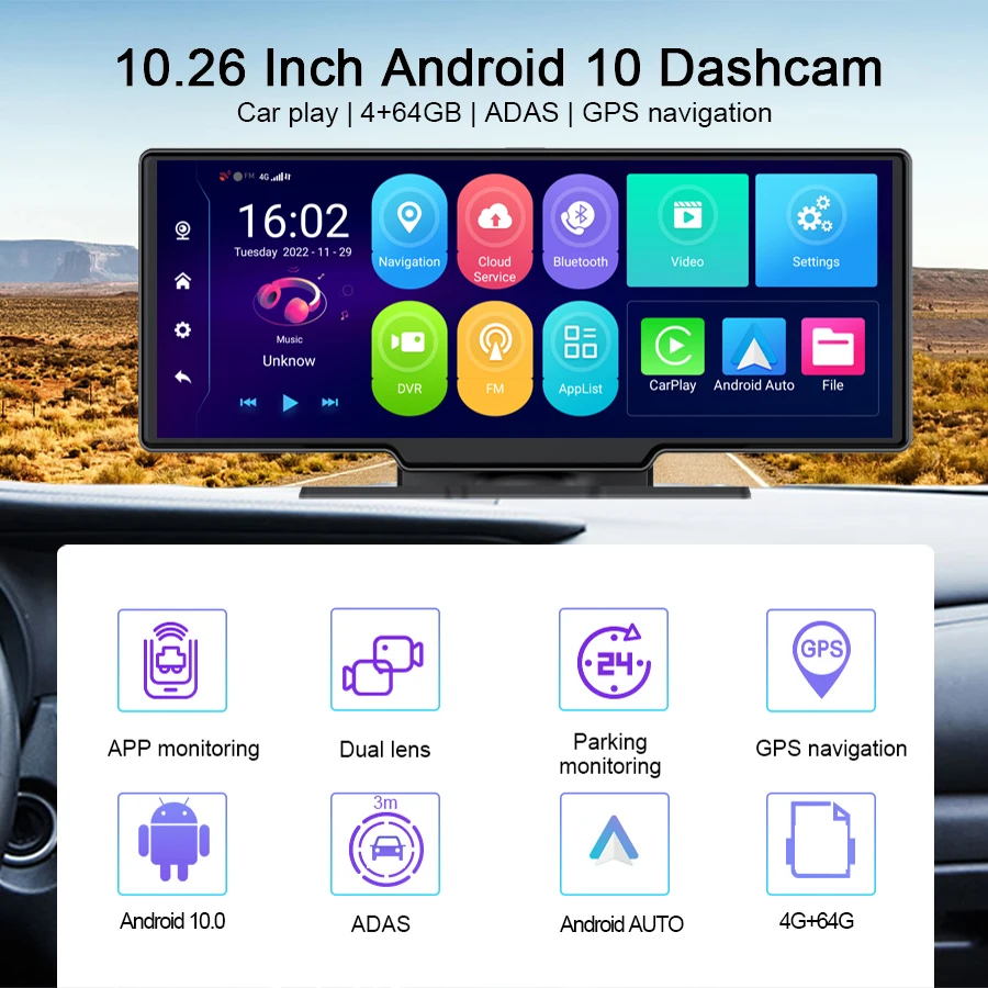 10.26 Inch Android Touch Car DVR Rearview Mirror 1080P Camera Recorder Night Vision Dash Cam App Control Remote Monitor GPS 4G