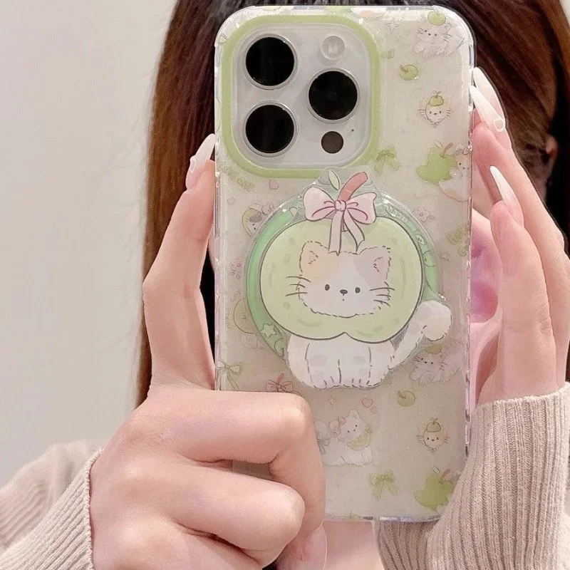 Magnetic Cute Apple Green Kitten Griptok Suitable for iPhone 17 16 Pad Magsafe Smart Stand Magnetic Phone Stand