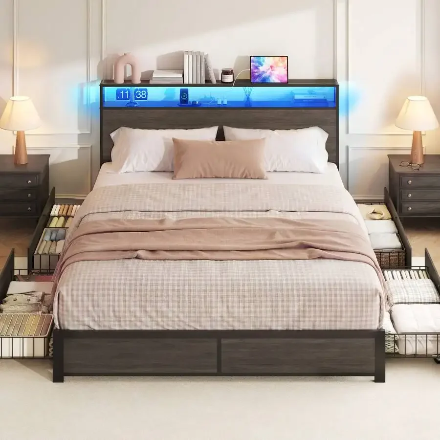 Queen Bed Frame With Headboard Charging Station Storage Drawer, Metal Support