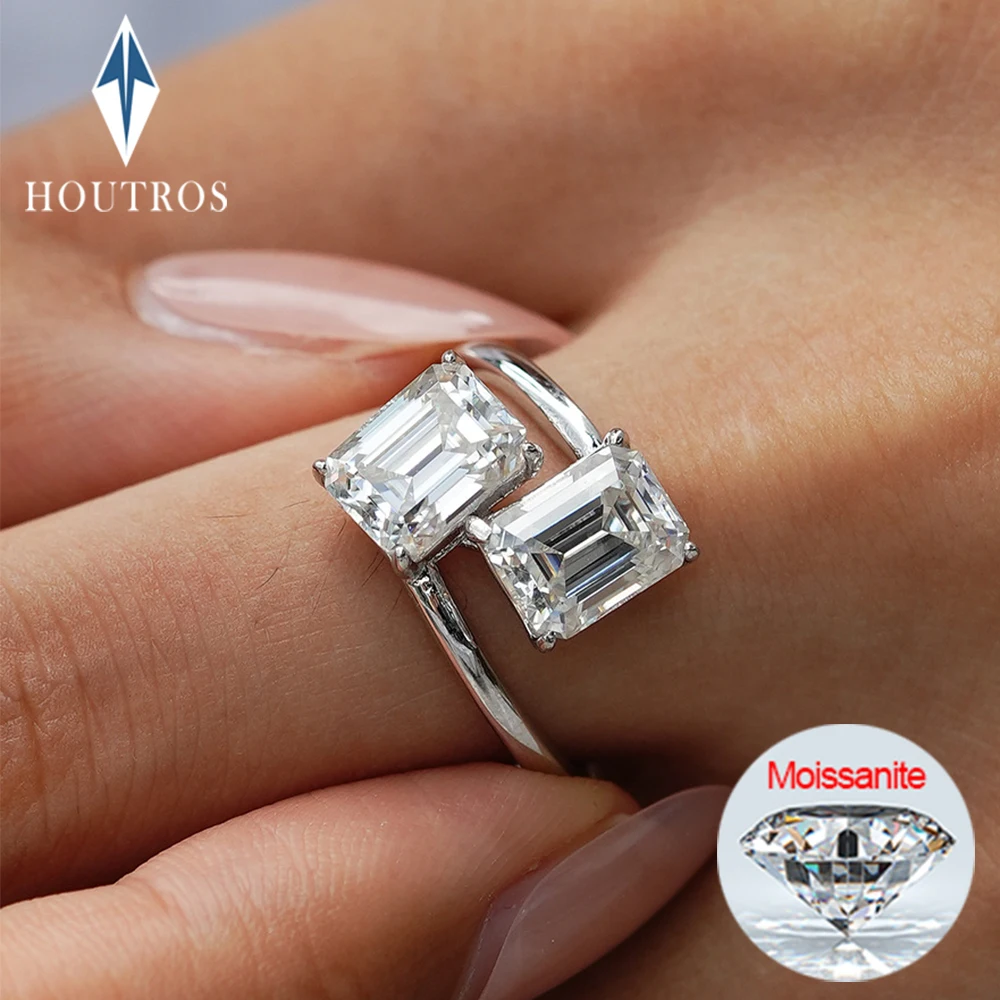 

4cttw Emerald Cut Moissanite Ring for Women 925 Sterling Silver 2 Stone Lab Diamond Engagement Ring Wedding Bands Jewelry Gift