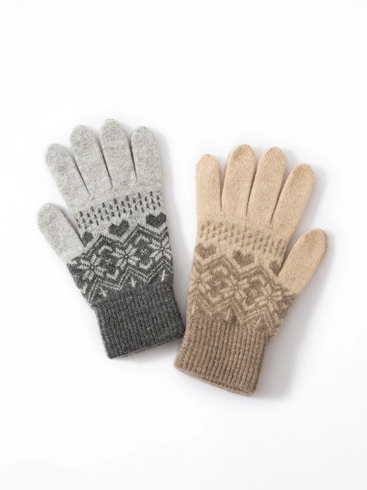 Women Jacquard Gloves Christmas Pattern Snowflakes 100% Baby Cashmere Thin Knitted Winter Thermal Gloves