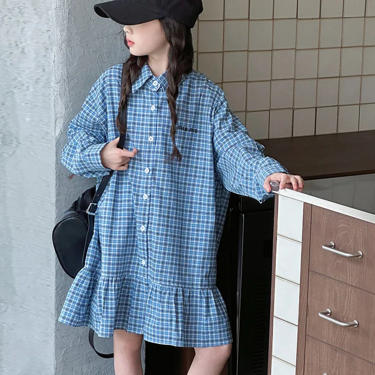 

Autumn Kid Girl Dress Letter Embroidery Turn Down Collar Teenager Girl Princess Dress Fashion Plaid 5-14Y Girl One-piece Dress