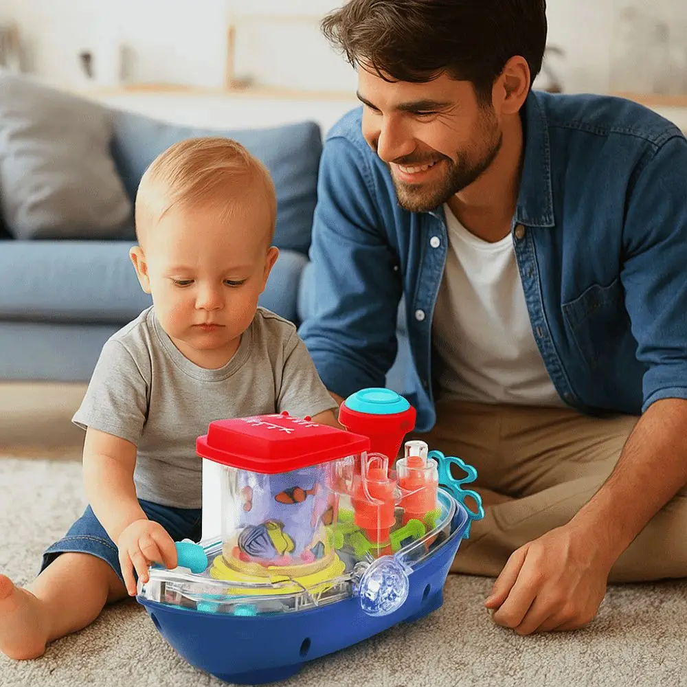 Barca elettrica in movimento per auto meccanica con ingranaggio trasparente in plastica educativa per bambini, nave musicale per ragazze/ragazzi