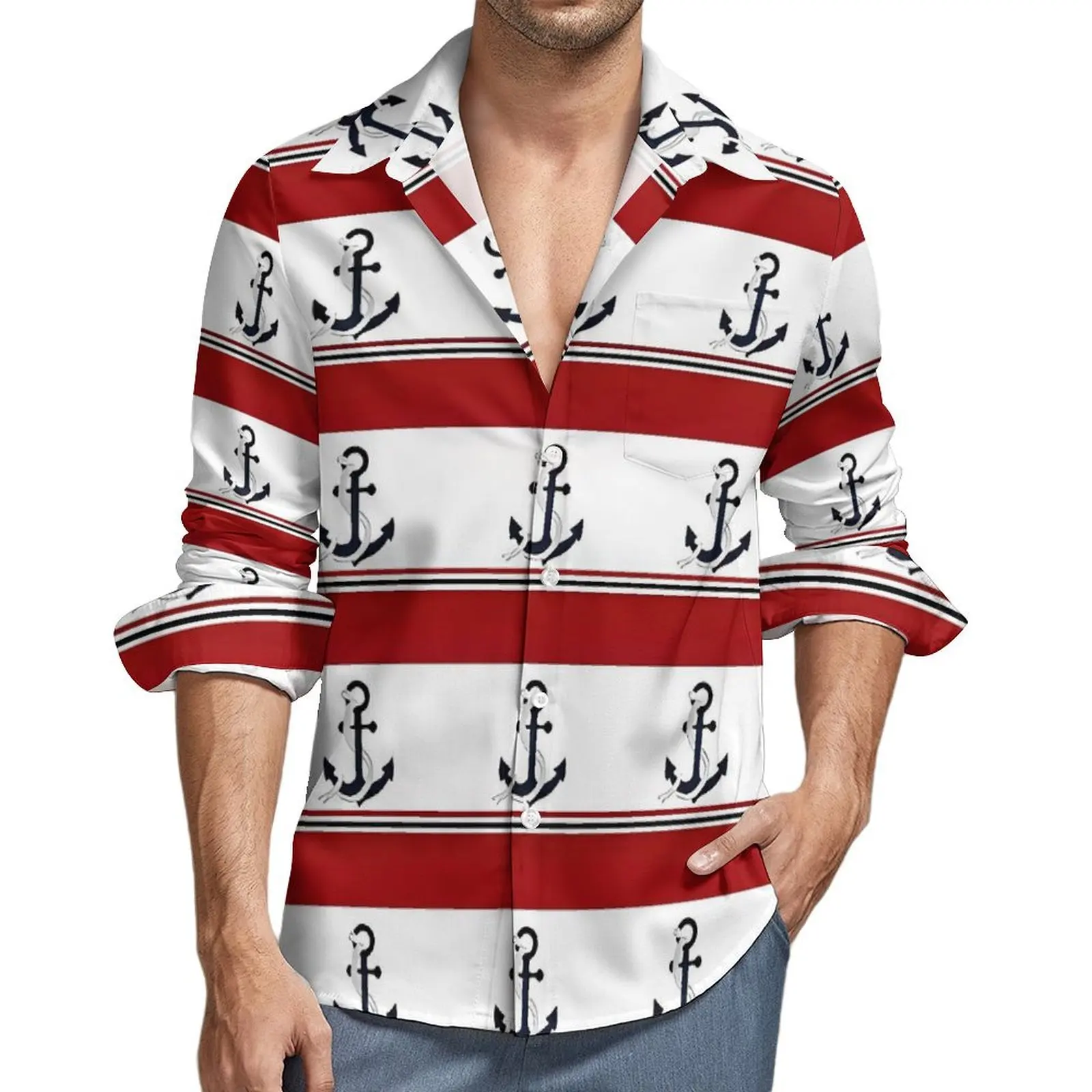 Nautical Anchor Blouse Men Red Blue and White Stripes Shirt Long Sleeve Harajuku Casual Shirts Autumn Design Clothing Plus Size