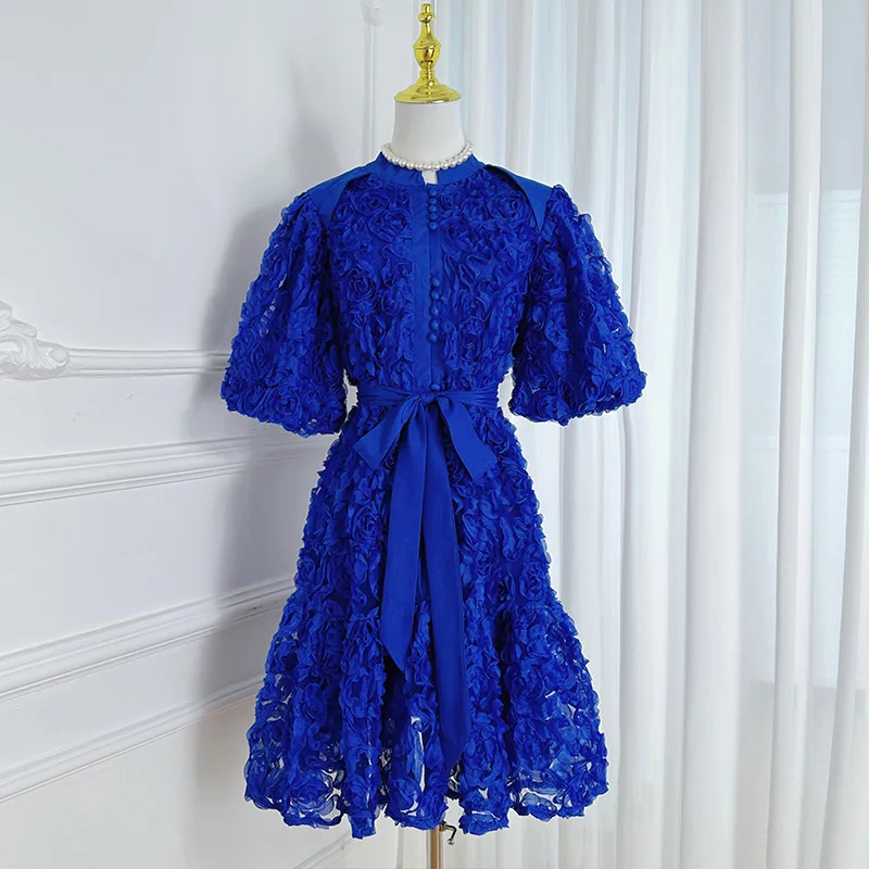 Luxe 3D Bloem Prom Formele Jurk Vrouwen Zomer Herfst Losse Big Size A-lijn Geplooide Single Breasted Midi Lange Feestjurken