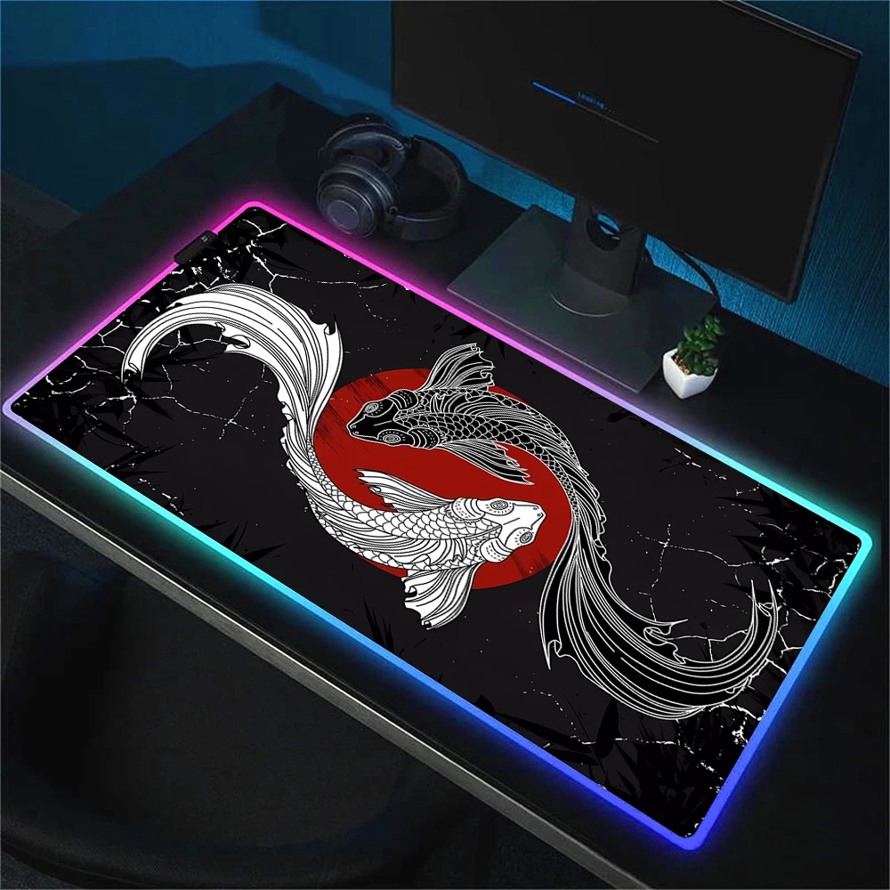 Imagem -03 - Grande Rgb Koi Fish Art Mouse Pad Tapete de Rato Led Yin Yang Gamer Mousepad Tapete de Mesa de Teclado 30x70 Xxl Gaming Mousepad com Retroiluminado