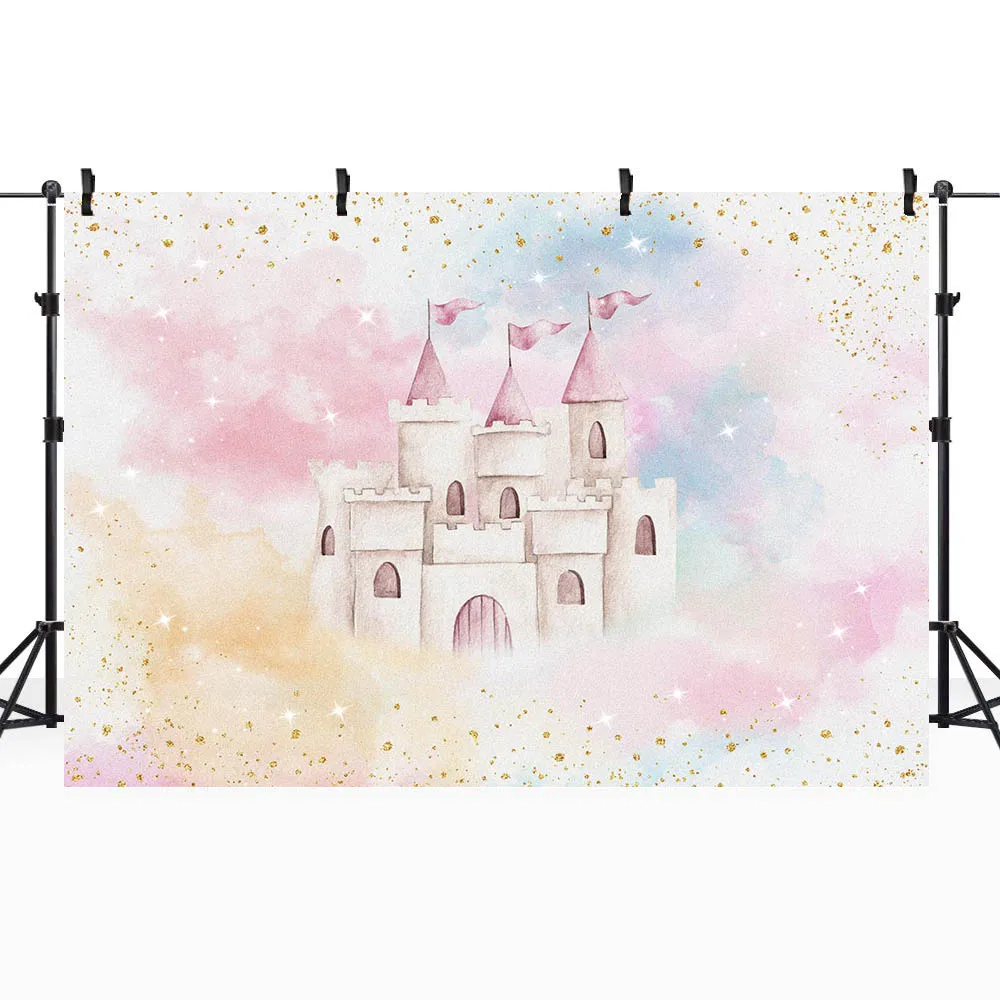 Mocsicka Pink Sky Castle Colorful Clouds Photography Backdrop Baby 1st Birthday Girl Cake Smash Party Background Photocall Props