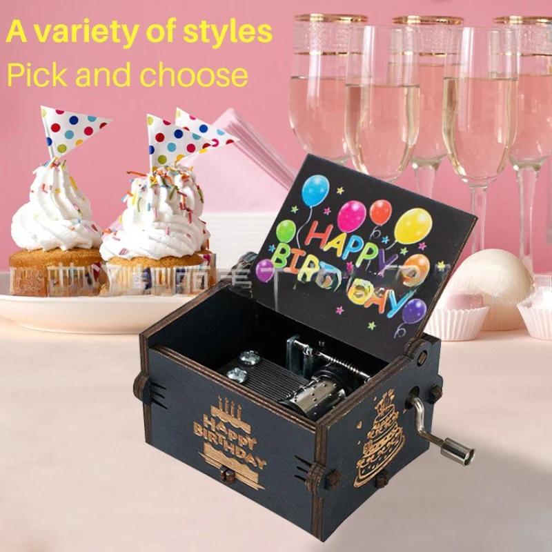 

Happy birthday music box hand crank wooden music box mini music box ornament creative retro birthday gift