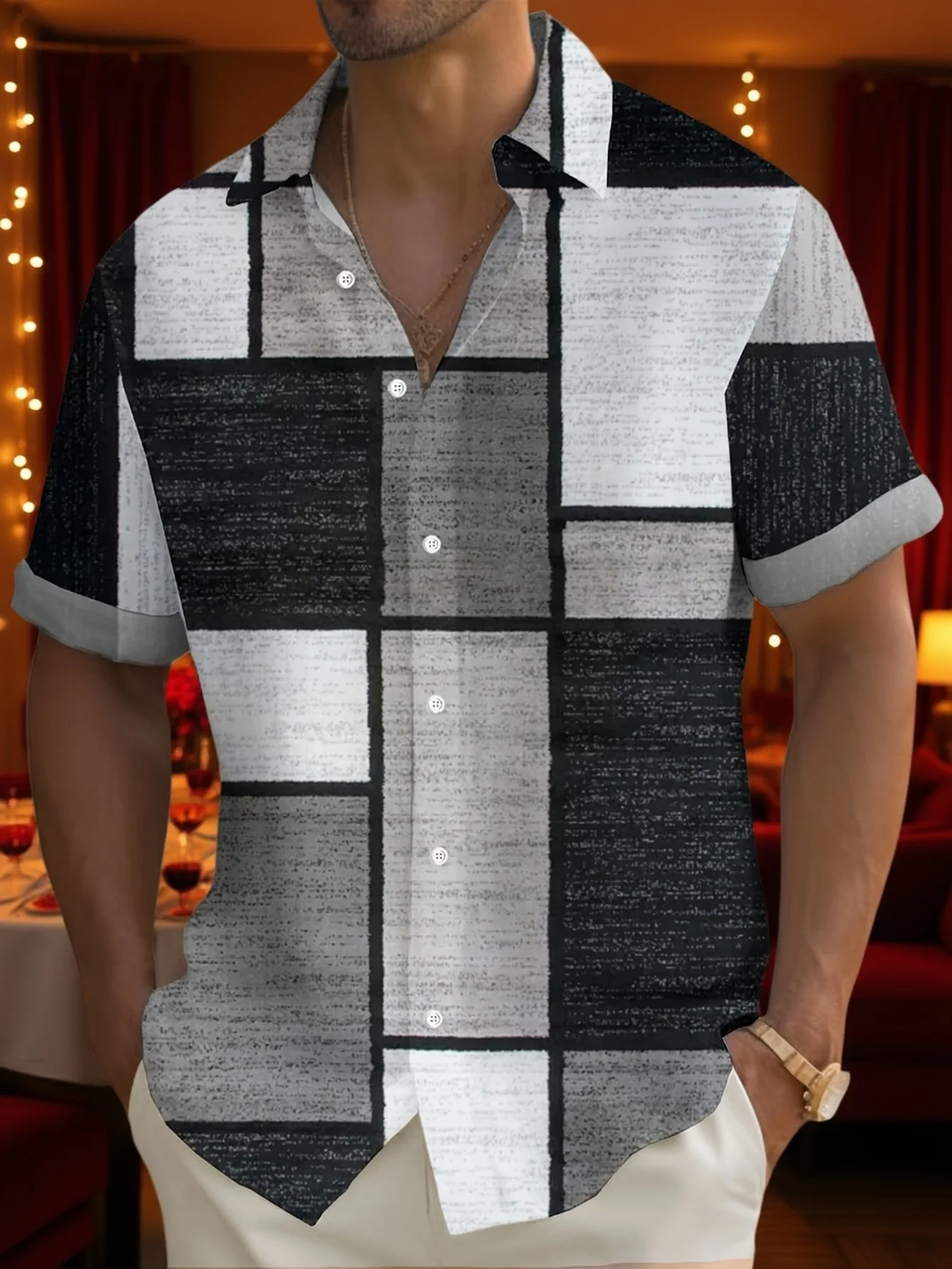Men Black White Mondrian Square Distressed Texture Vintage Short Sleeve Shirt