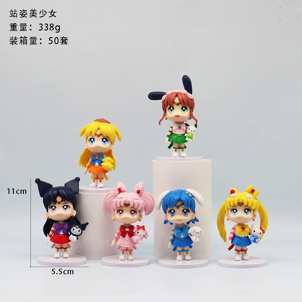 Bonito Sailor Moon Action Figure PVC, Sanrio Olá Kitty, Kuromi Melody, Creative GK Modelo Brinquedos, carro e ornamento Desktop, 6pcs por conjunto