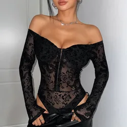 Womens Sheer Button Long Sleeve Bodysuit V Neck Lace Body Suits Going Out Y2K Tops Snap Crotch One Piece Teddy Lingerie