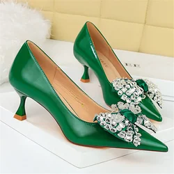 Women 5.5cm High Heels Green Rhinestone Butterfly Knot Pumps Lady Plus Size 34-43 Wedding Low Heels Evening Party Bow Pink Shoes