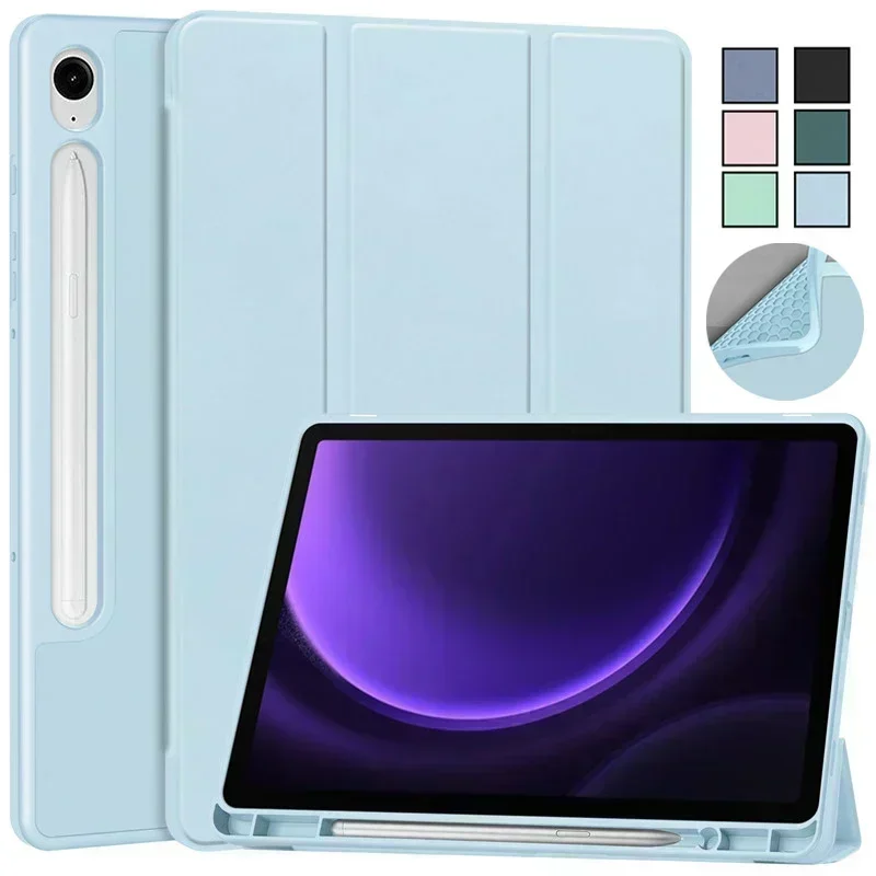 Para samsung tab s9 fe caso com suporte de caneta três dobras leaher macio suporte traseiro capa inteligente para galaxy tab s9 fe 10.9 polegada 2023 caso