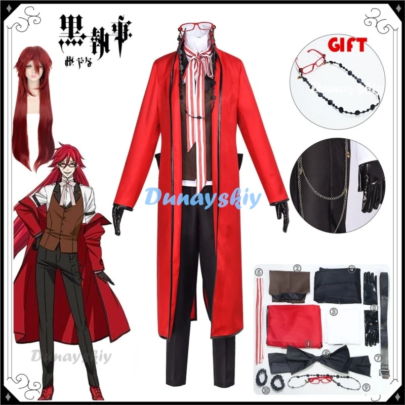 

Anime Black Butler Cosplay Costumes Death Shinigami Grell Sutcliff Red Uniform Outfit Glasses Carnaval Halloween for Women Men