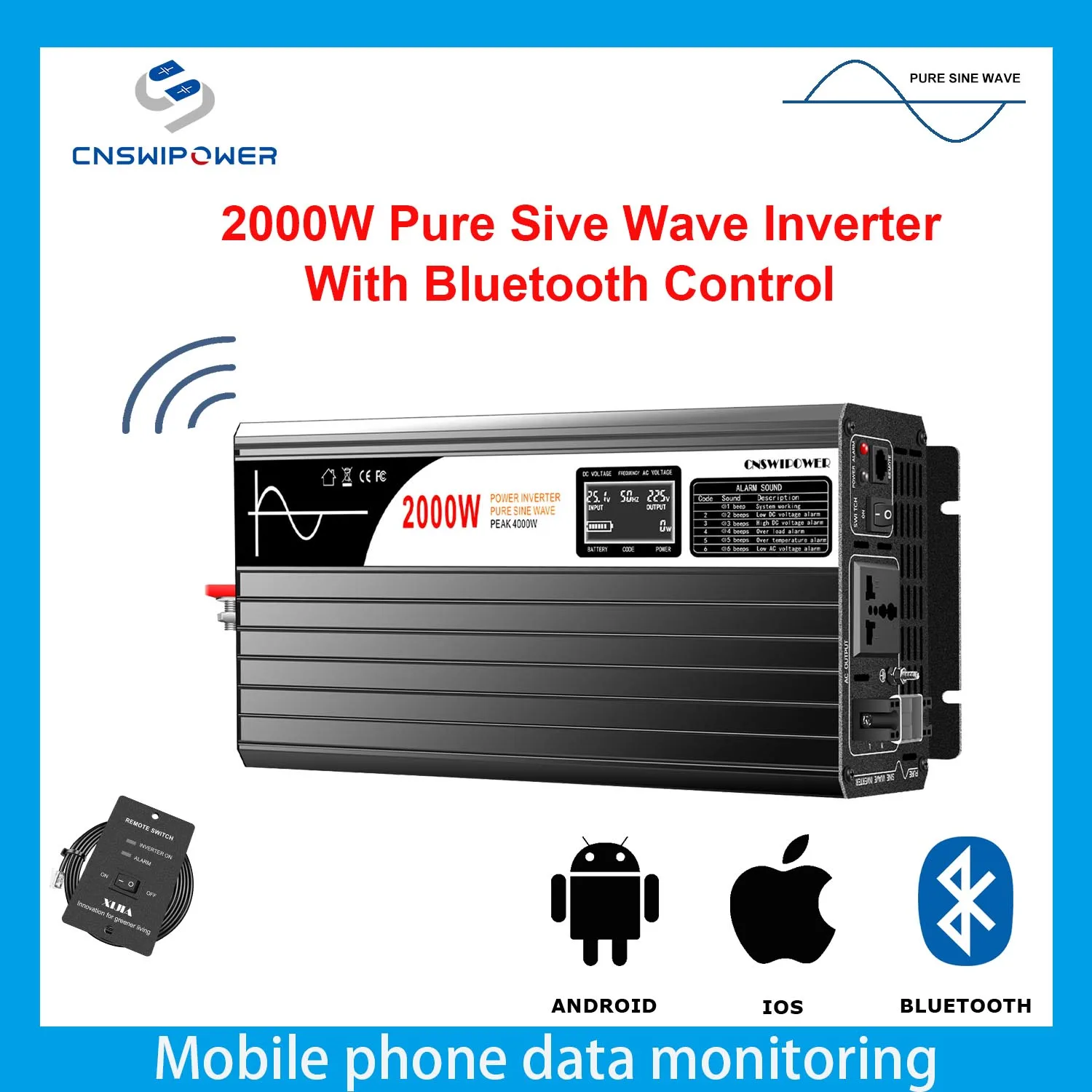 New 2000W pure sine wave solar power inverter DC 12V 24V 48V  to AC 110V 220V Bluetooth Control