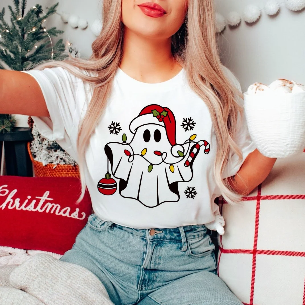 Women's Fashion New Year Short Sleeve Spooky Christmas Santa Ghost Printed Holiday T-Shirt Women's Christmas Fashion Graphic T-S