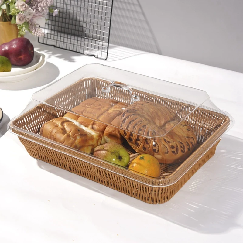

Imitation Rattan Bread Basket Woven Fruit Basket with Cover Tabletop Food Serving Basket with Acrylic Lid Home Decor