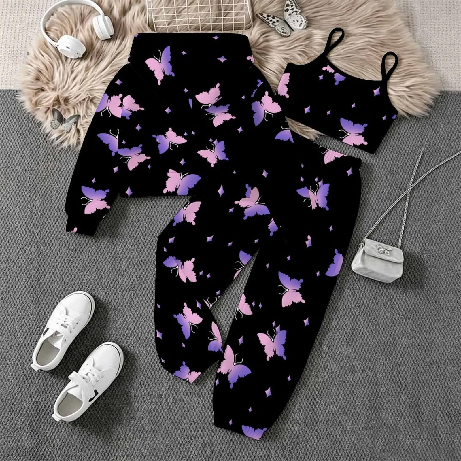 Zipper Hoodie Long Sleeve Coat Jogging Pants Winter Children's Printed Three-Piece Set Autumn Girls Yoga Pants Fashion Vest
