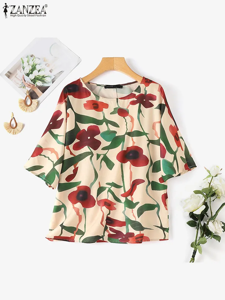 ZANZEA Casual Bohemian Floral Print Tops Tunics Women Fashion Blouses Summer Half Sleeve Shirts Korean Holiday Round Neck Blusa