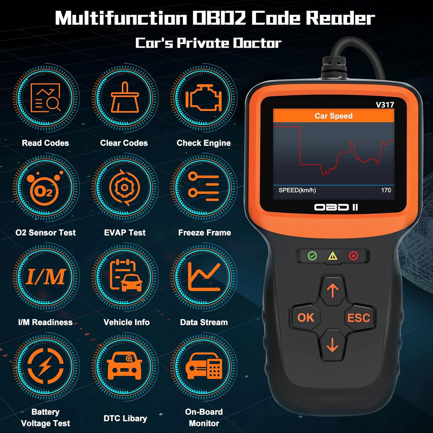 Professional OBD2 V317 Real Time Oxygen Sensor Test Clear Engine Troubleshooting Code Reader with Reset and I/M etc Scanner