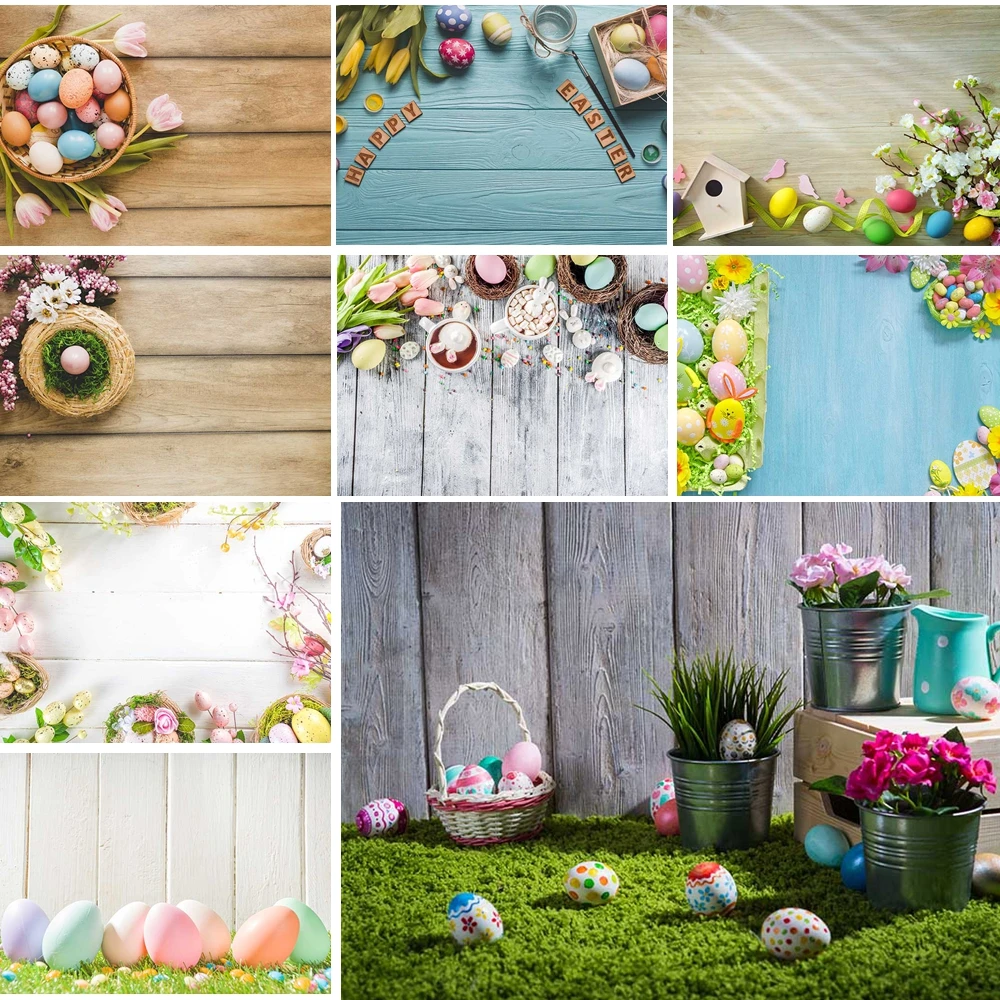 

MOON.QG Spring Easter Eggs Backdrops For Photography Board Plank Flowers Photo Background Portrait Photobooth Party Studio