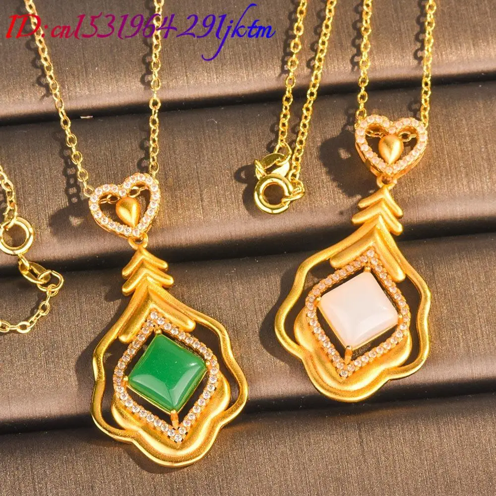 Kalung liontin hati giok alami, perhiasan mewah 18K berlapis emas, hadiah Vintage untuk wanita nyata