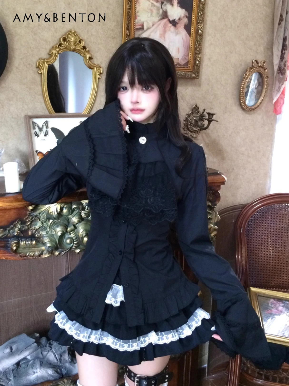 

Рубашка в стиле субкультуры в дворцовом стиле, готическая тонкая рубашка с рюшами и воротником-стойкой, рубашка-колокольчик, лоскутная мини-юбка, черный комплект из двух предметов в стиле Харадзюку