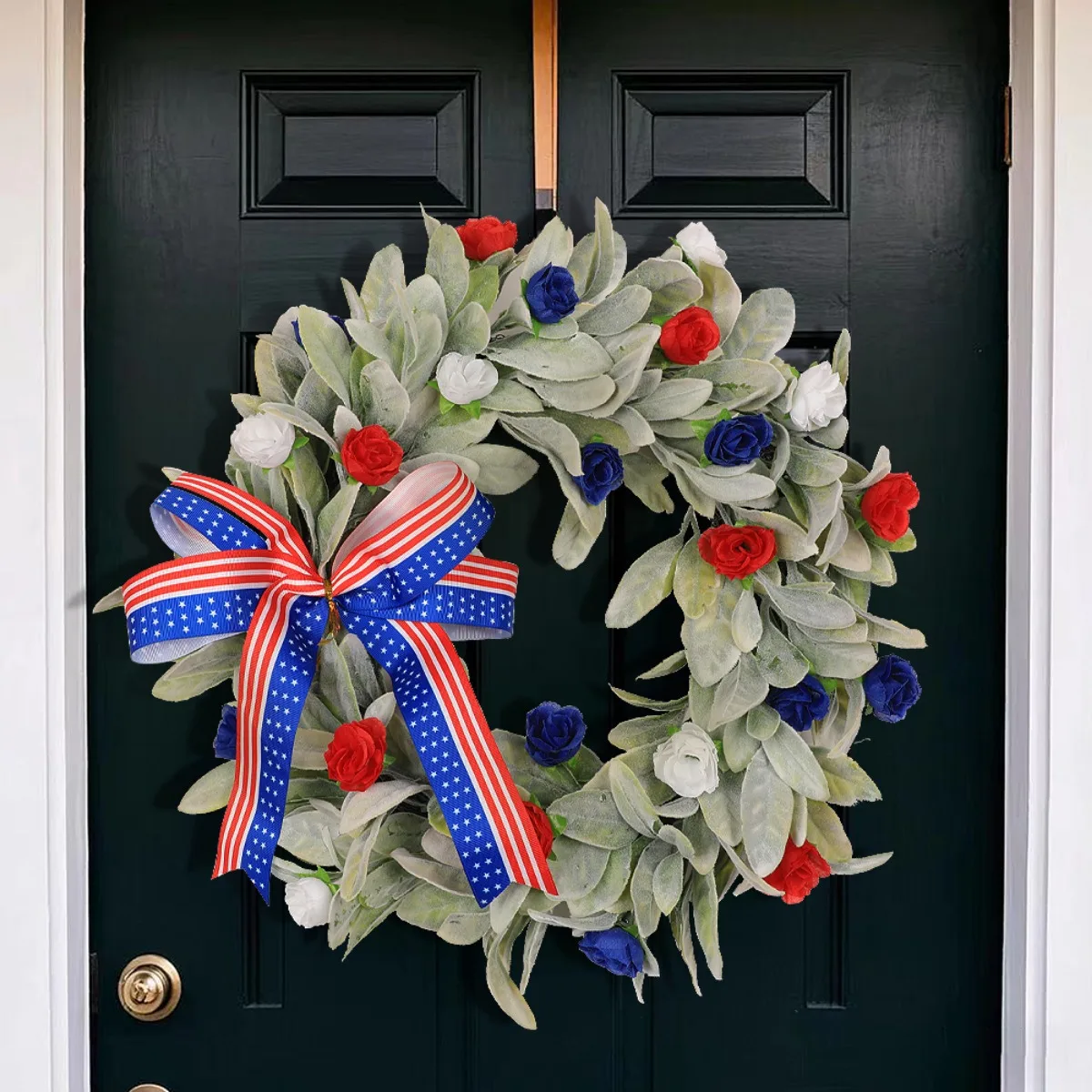 

15.7 英寸 Patriotic Red White Blue Flowers Wreath for Front Door, 4Th of July Lamb Ears Leaves Wreath for Inside and