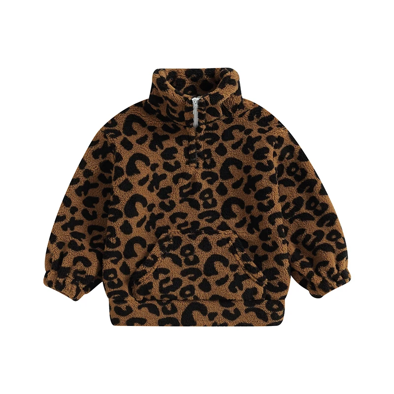 Winter Sweatshirt for Kids Girls Fuzzy Stand Collar Zipper Long Sleeve Leopard Print Tops Soft Warm Hoodie Children Outwear