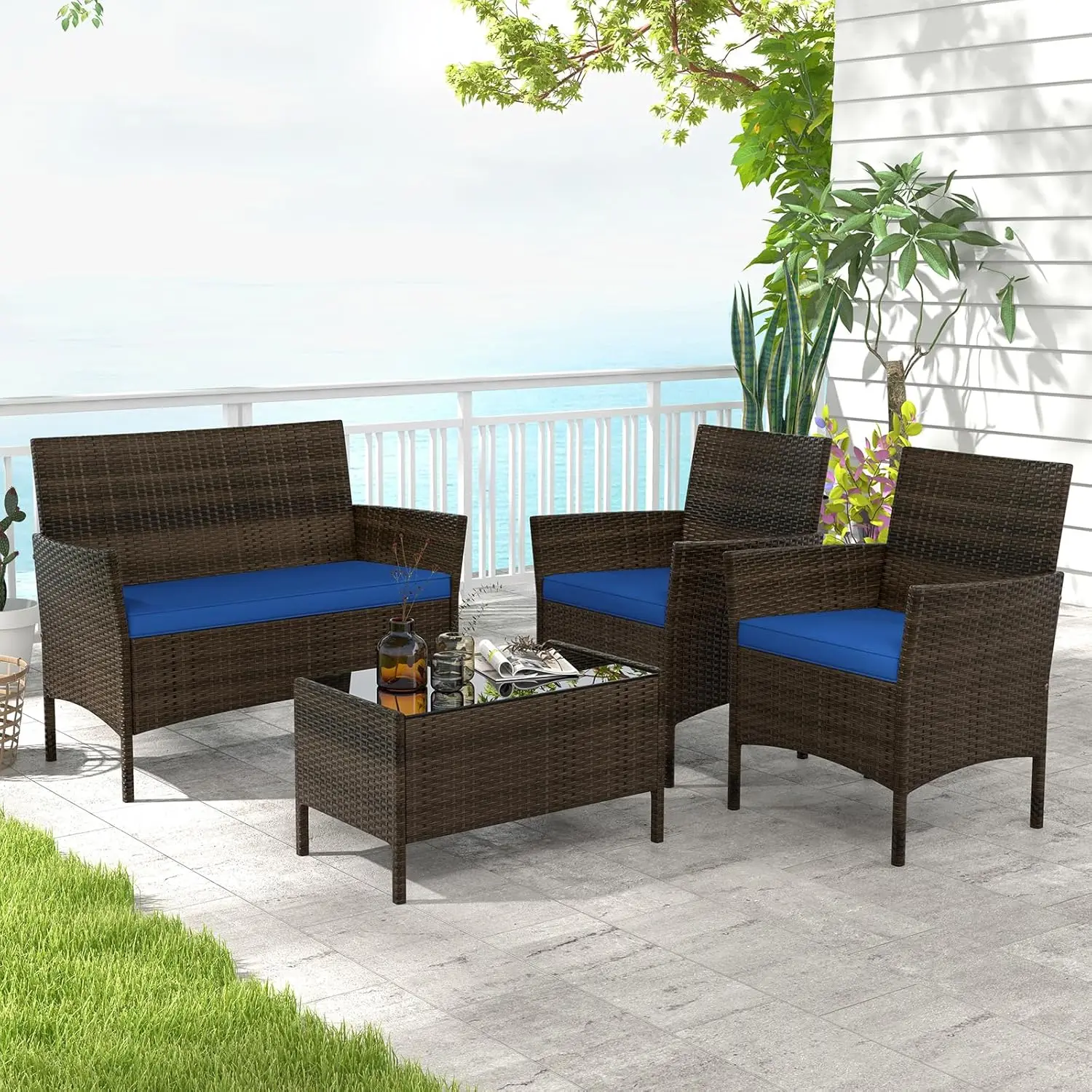 4 Pieces Outdoor Rattan Conversation Set, Patio Wicker Furniture Set with Loveseat Chairs & Tempered Glass Coffee Tab