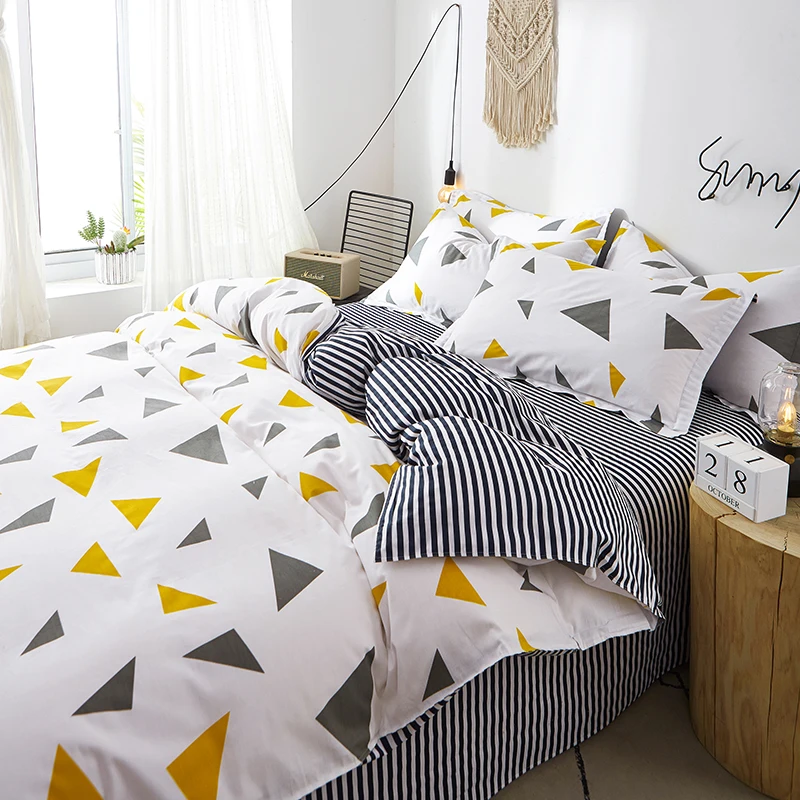 Geometric Bedding Set Twin King Cotton Triangle Duvet Cover with Pillowcase Soft Reversible Stripe Comforter Cover for Kids Teen