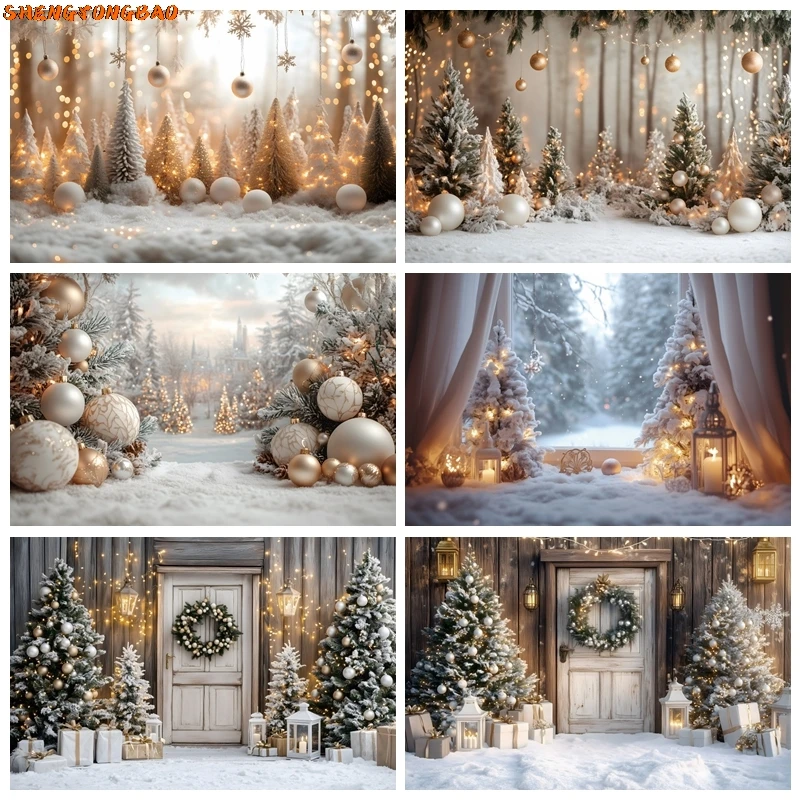 

Белый рождественский фон для фотосъемки, Рождественская сосна, золотые колокольчики, зимний снег, детский портрет, Рождественский декор, фон для фотостудии