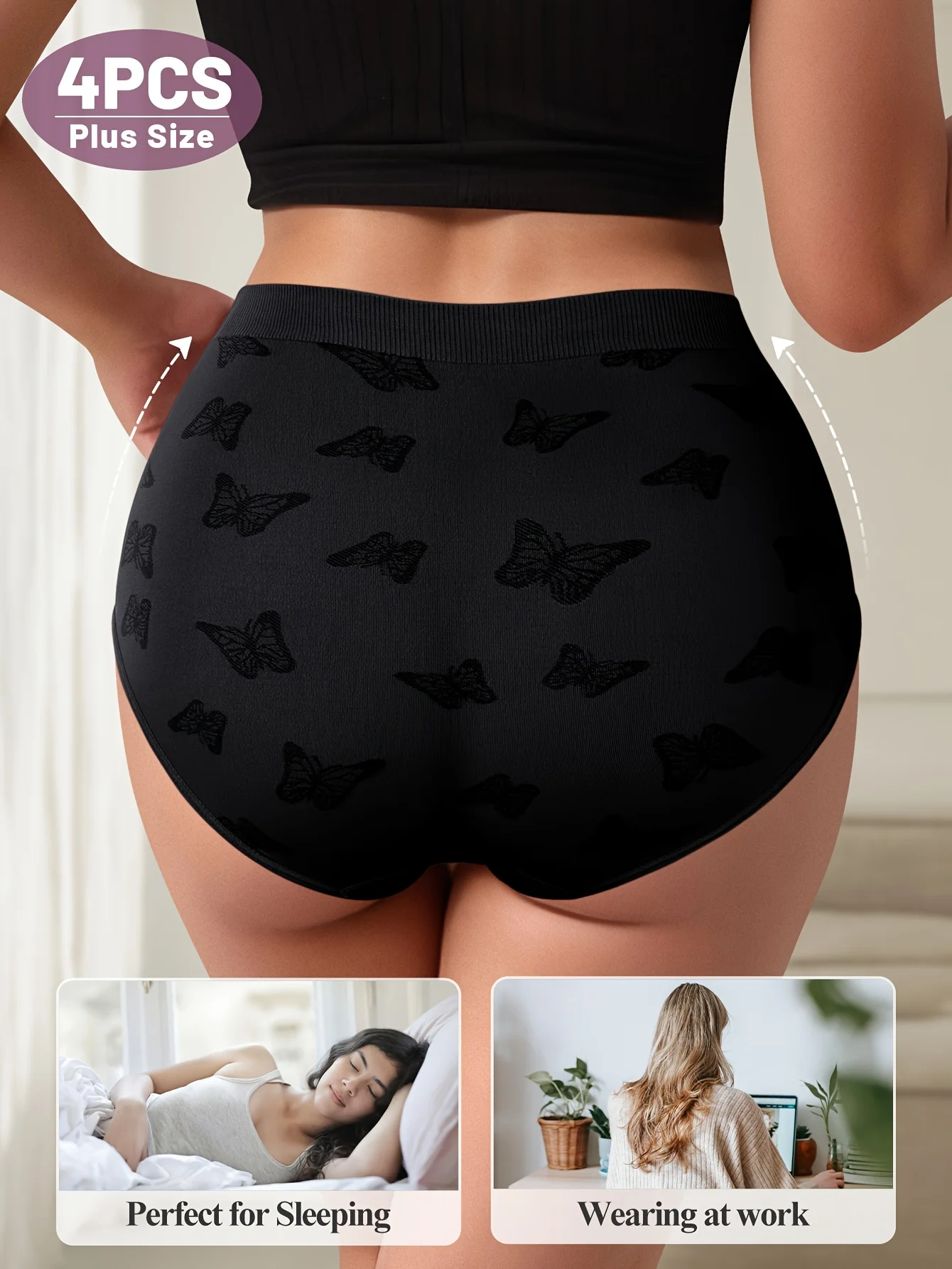 4ks dámských sexy kalhotek pro větší děti - Měkké pružné trojúhelníkové spodní prádlo s motýlím vzorem, prodyšná látka, pohodlný střih - náhled 2