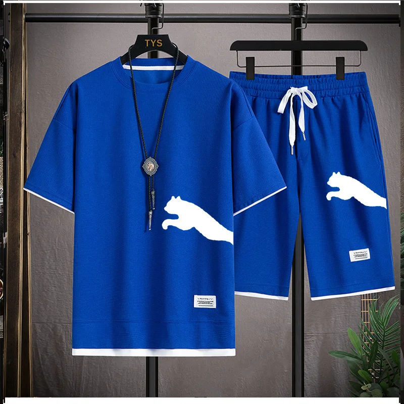 남성용 와플 반팔 티셔츠, 캐주얼 스포츠 세트, 루즈한 반팔 티셔츠, 투피스 세트, 2024 여름 신상