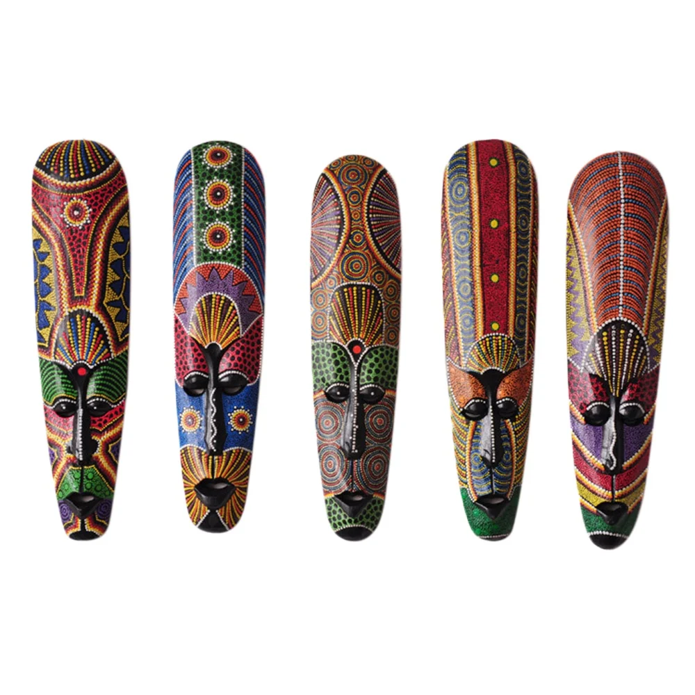 Wooden Mask Wall Hanging Solid Wood Carving Painted Facebook Wall Decor Bar Home Decorations African Totem Mask Crafts B