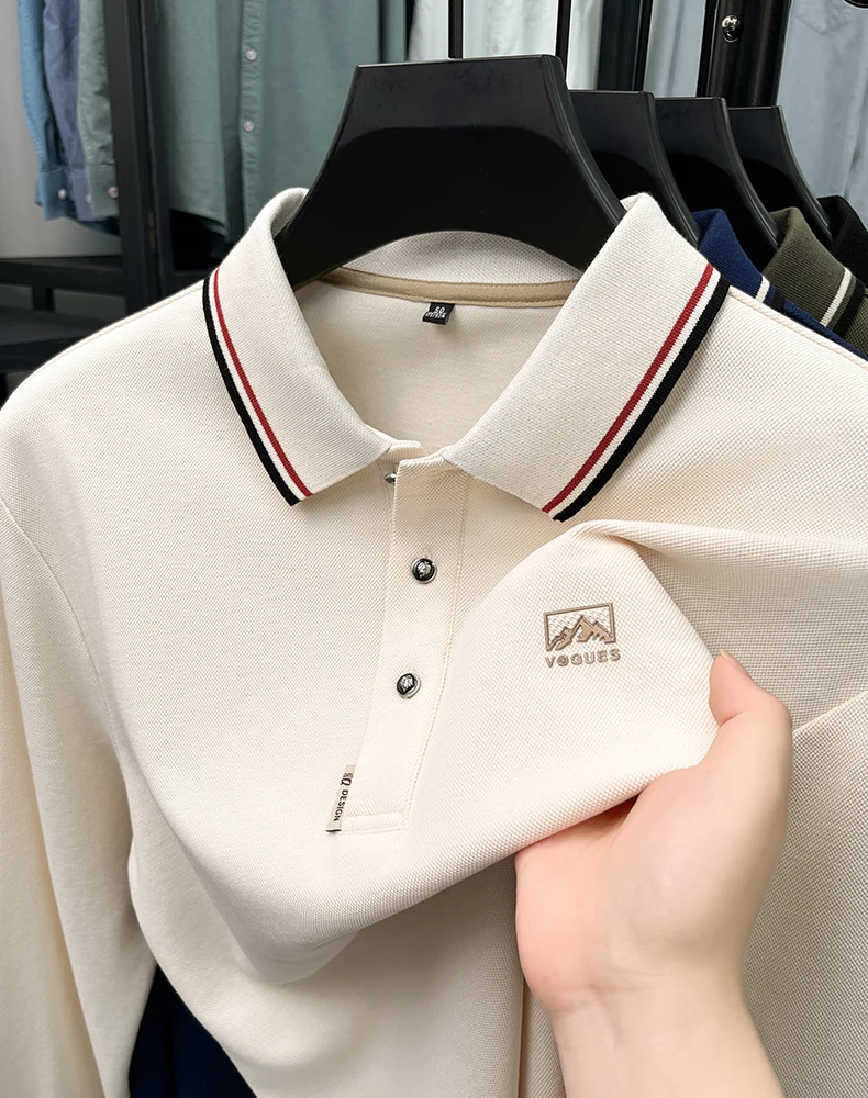 High end emboss men's long sleeve stripe lapel top fashion luxurious silk cotton comfort breathable spring new casual polo shirt