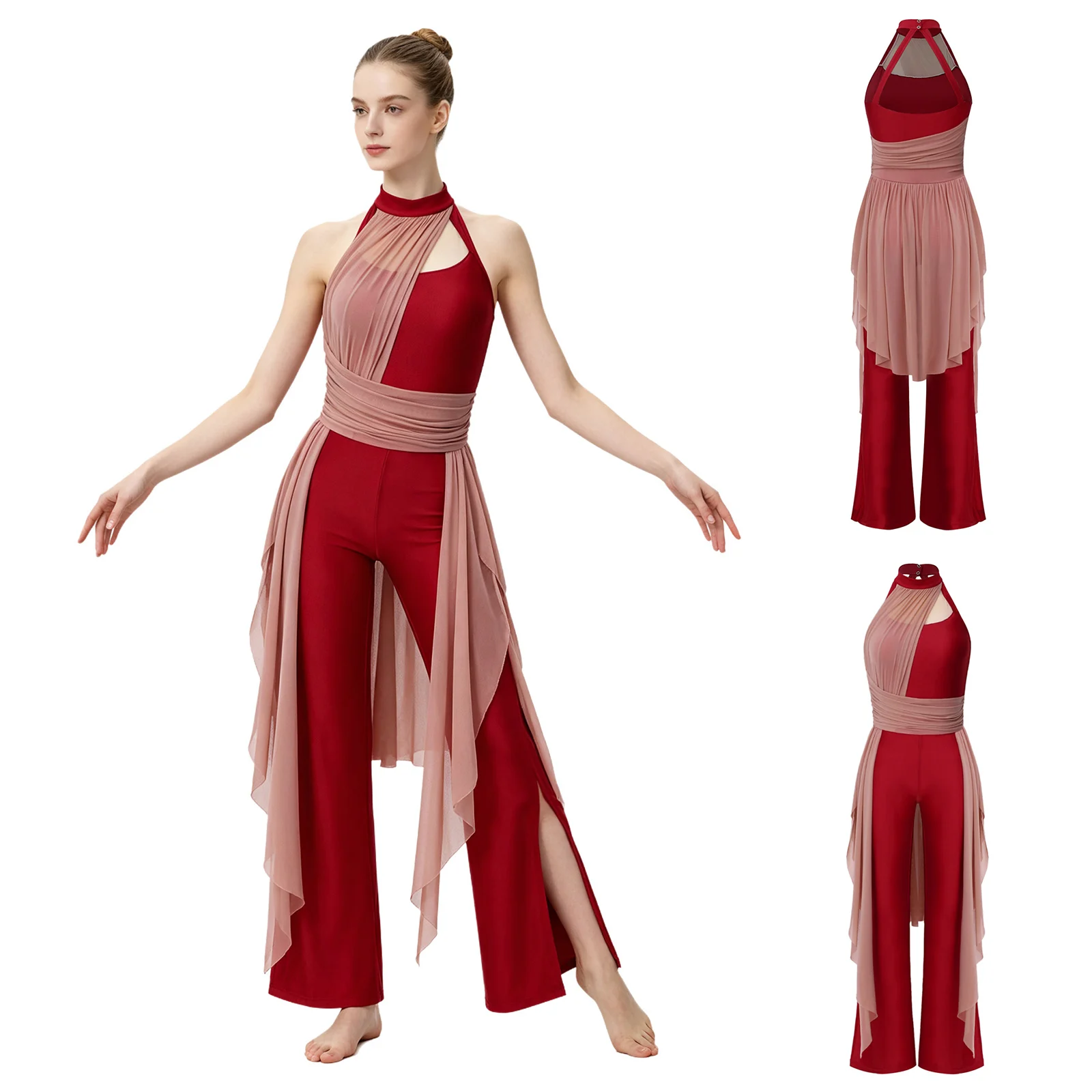 Women Modern Lyrical Dance Jumpsuit Sleeveless Backless Mesh Split-leg Romper Dress for Skating Gymnastics Acrobatics Ballet