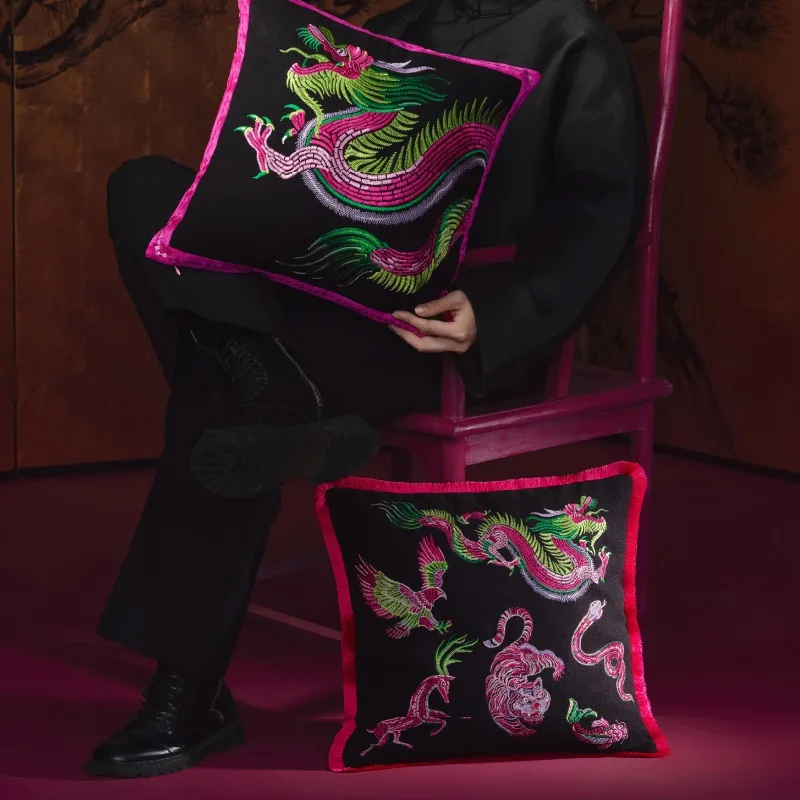 

Dragon Pillows Pink Black Cushion Case Retro Luxury Decorative Pillow Cover For Sofa Chair Bedding 45x45 New Year Home Decor
