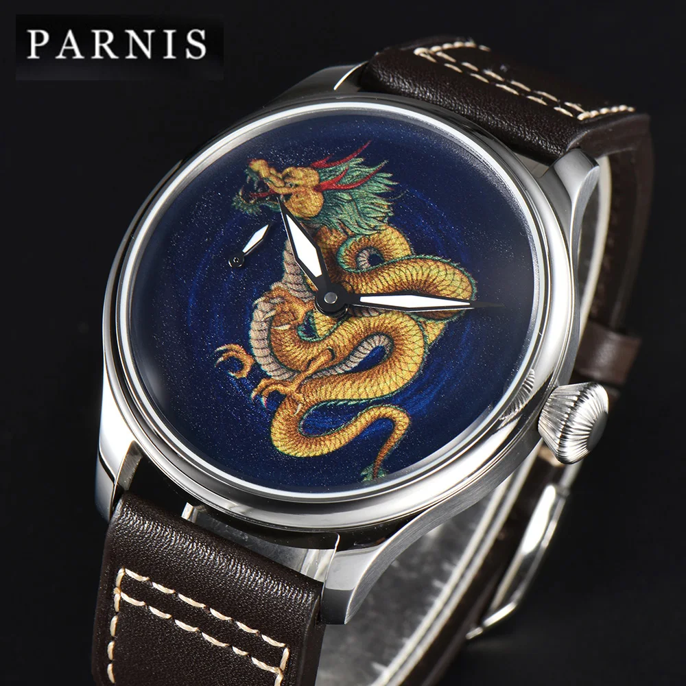 

Parnis 44mm Hand Winding Mens Classic Dragon Dial Wrist Watch